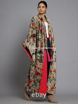 Veste longue kimono imprimée oiseau à franges en velours de luxe