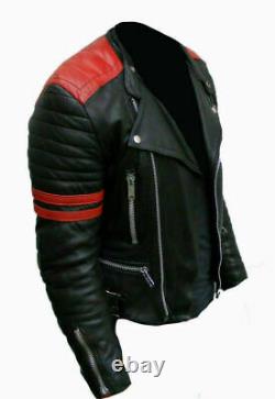 Vestes En Cuir Homme Soft Biker-style Moto Classic Design Rouge Et Noir Vintage